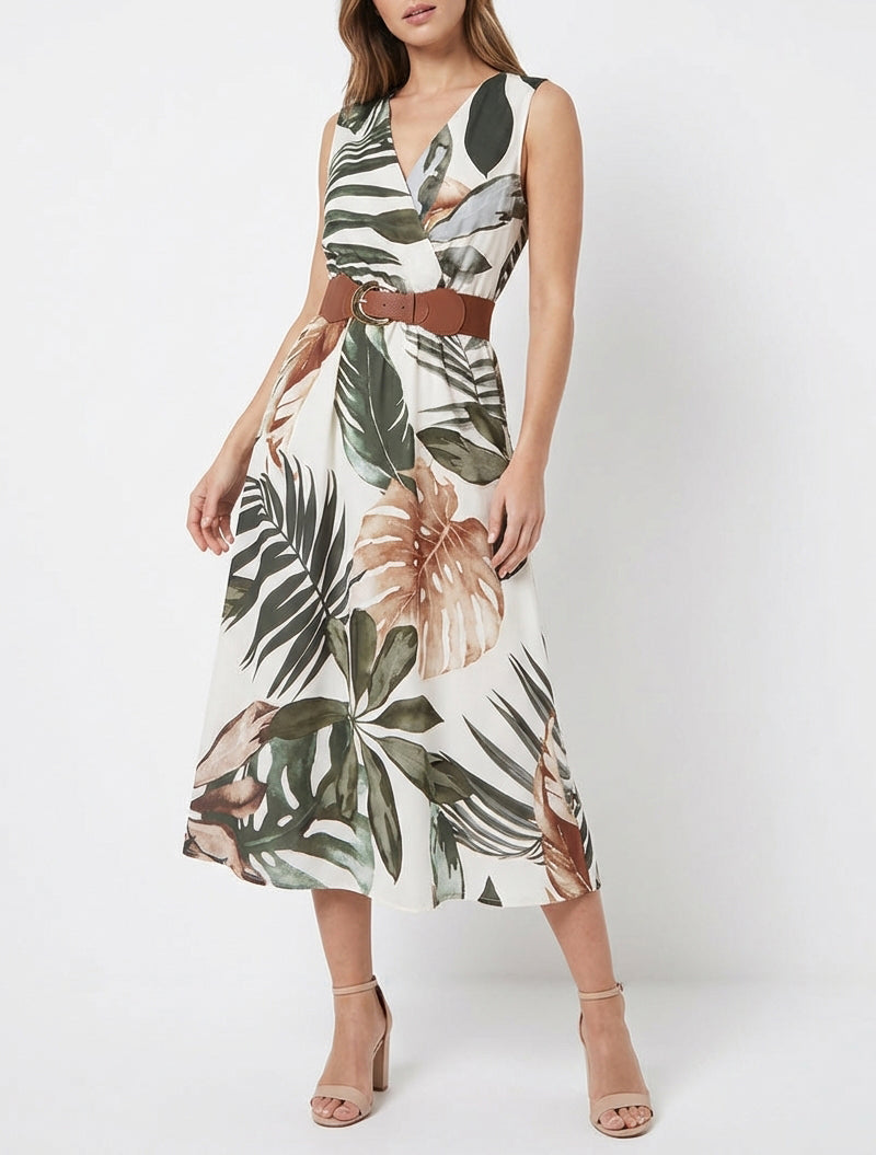 Vestido sin mangas estampado de hojas - Caqui