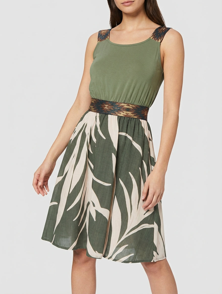 Vestido estampado gráfico con cintura elástica de fantasía - Caqui