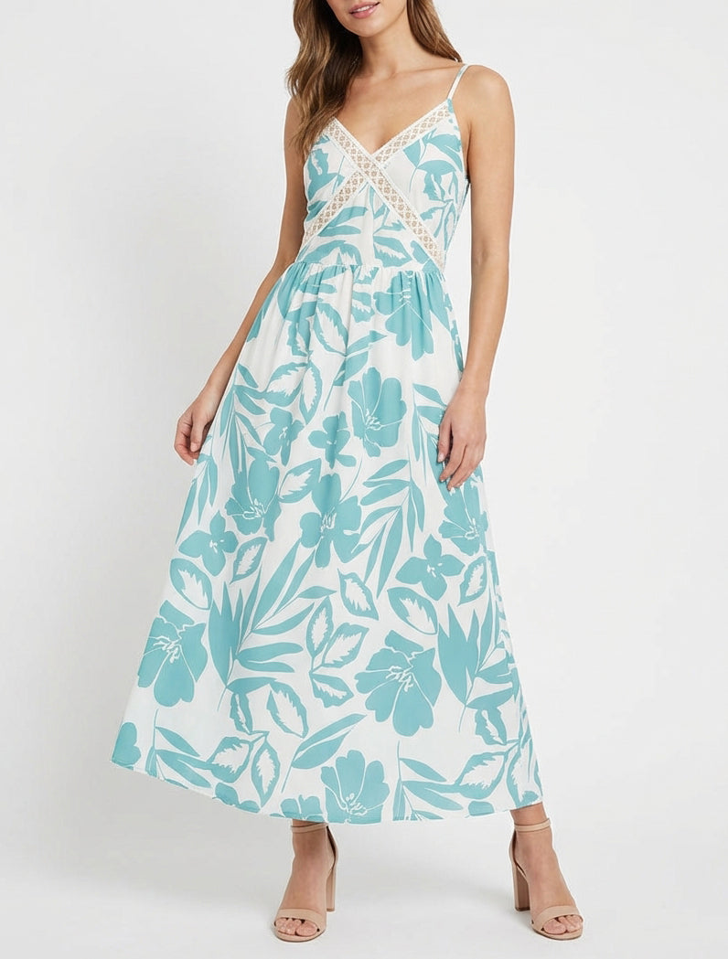 Vestido floreado con inserto de bordado - Turquesa