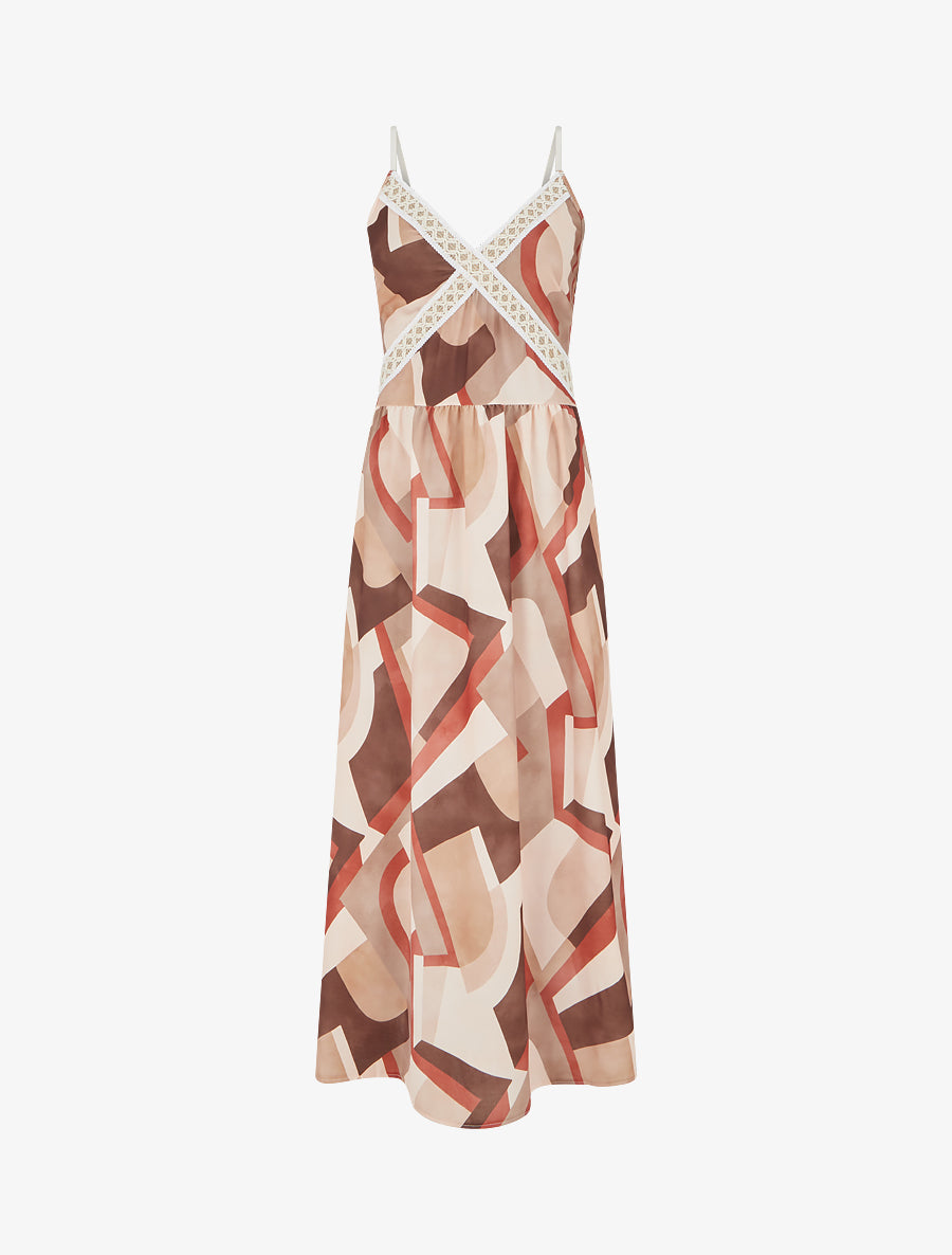 Robe imprimé graphique à empiècement broderie - Camel - 1