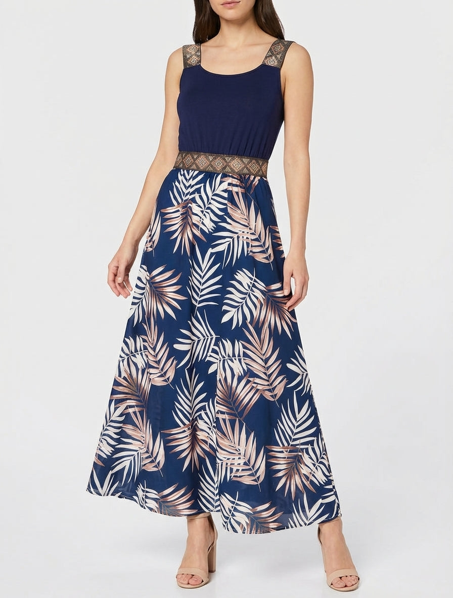Vestido con estampado de hojas y tirantes estilizados - Marine
