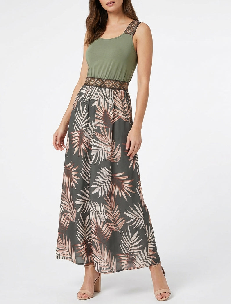 Vestido con estampado de hojas y tirantes estilizados - Caqui