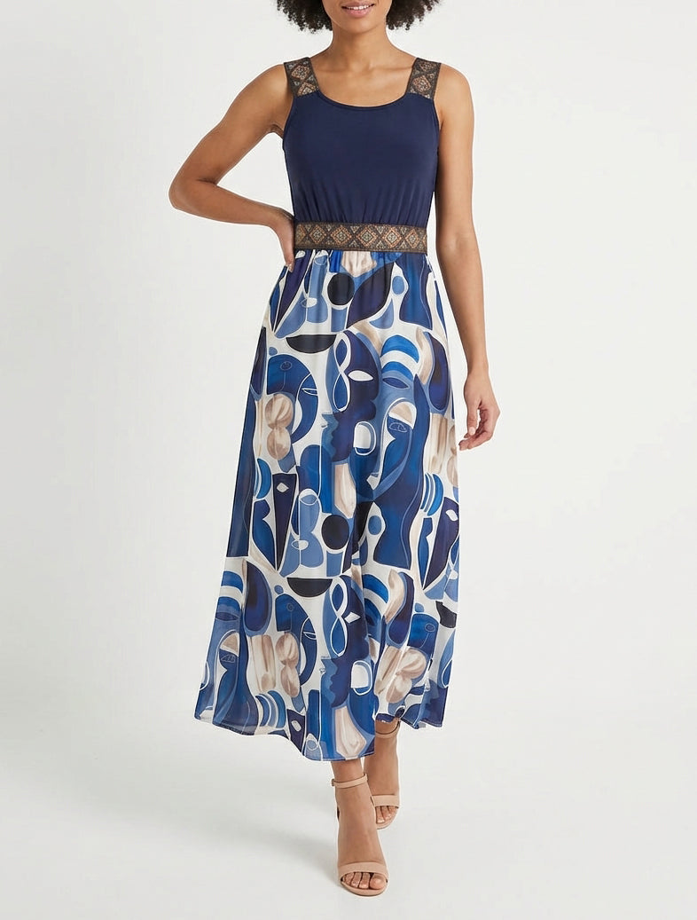 Vestido con estampado de pintura abstracta y tirantes estilizados - Marine