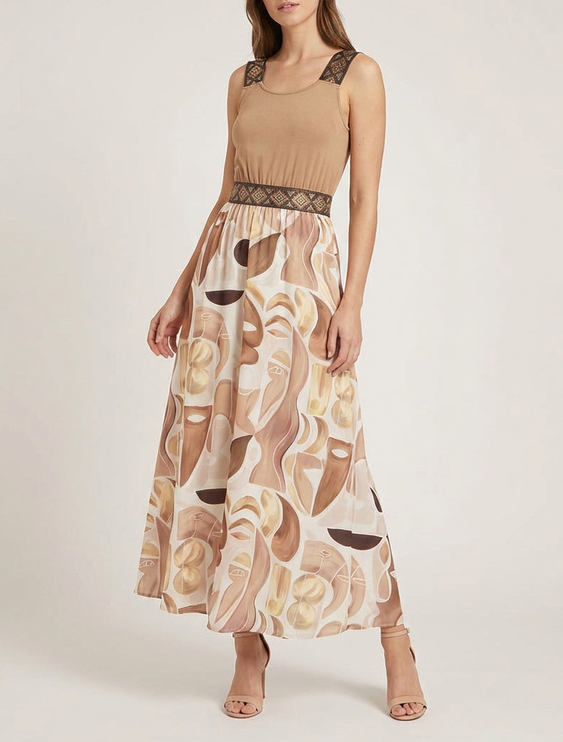 Vestido con estampado de pintura abstracta y tirantes estilizados - Camello