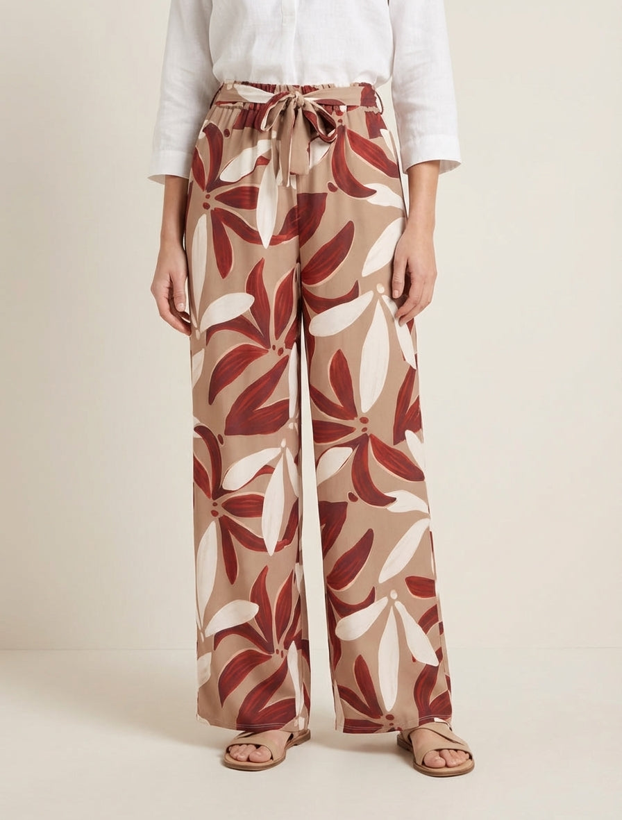Pantalón elástico con estampado floral - Camello