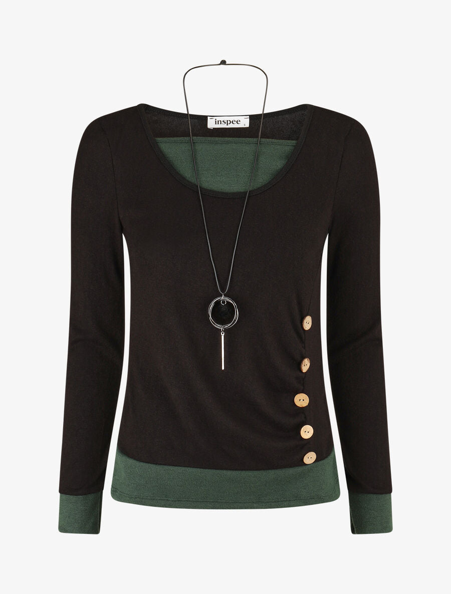 Pull fin effet superposé - Noir/vert sapin - 5