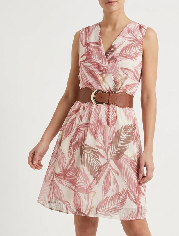 Vestido estampado de follaje con rayas irisadas - Rosa viejo