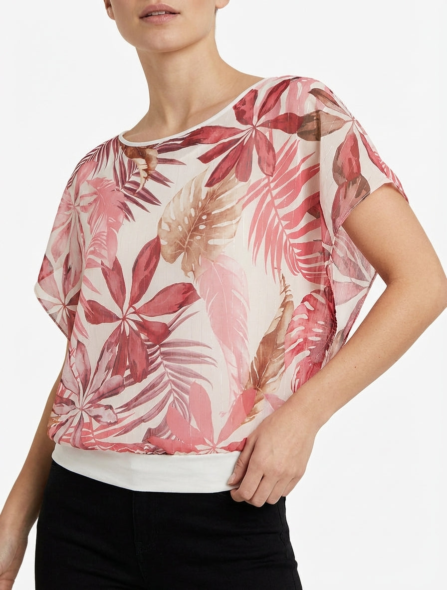 Top de bolas, mangas cortas, estampado tropical - Rosa viejo