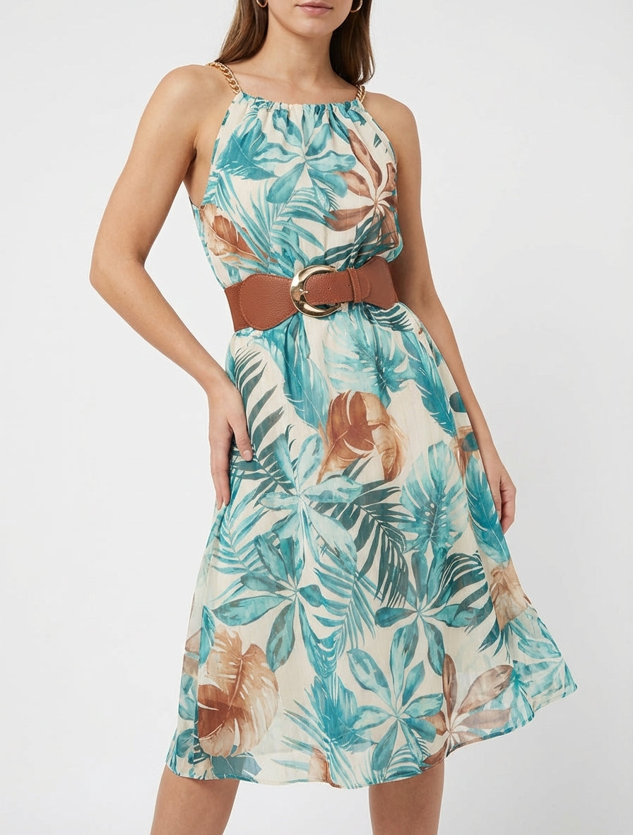 Vestido de tirantes con estampado tropical - Turquesa