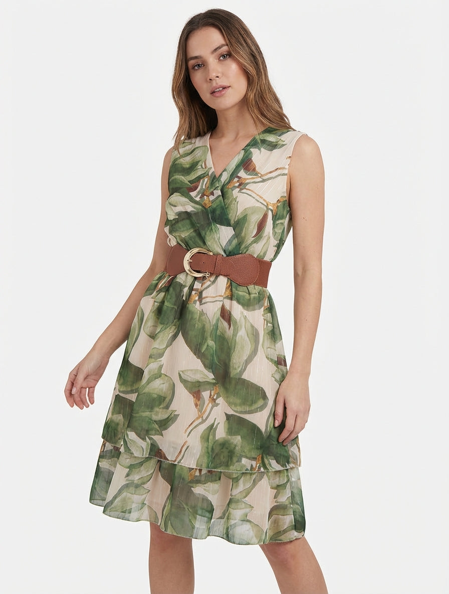 Vestido skater sin mangas con estampado de flores grandes - Caqui