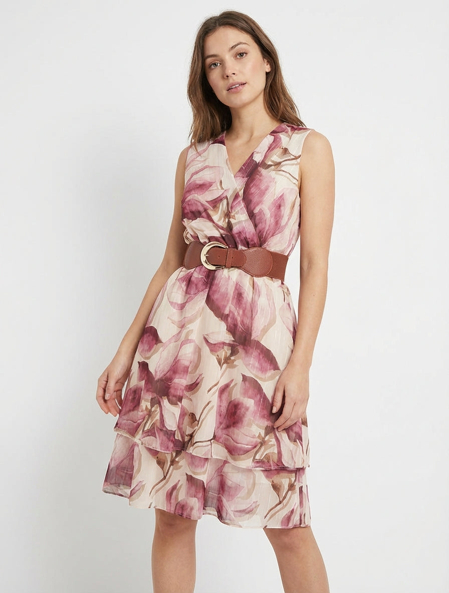 Vestido skater sin mangas con estampado de flores grandes - Rosa viejo
