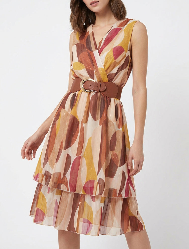 Vestido skater sin mangas con estampado de fantasía - Marrón
