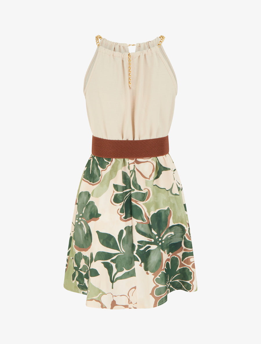 Robe à bretelles chaînes imprimé grandes fleurs - Kaki - 2