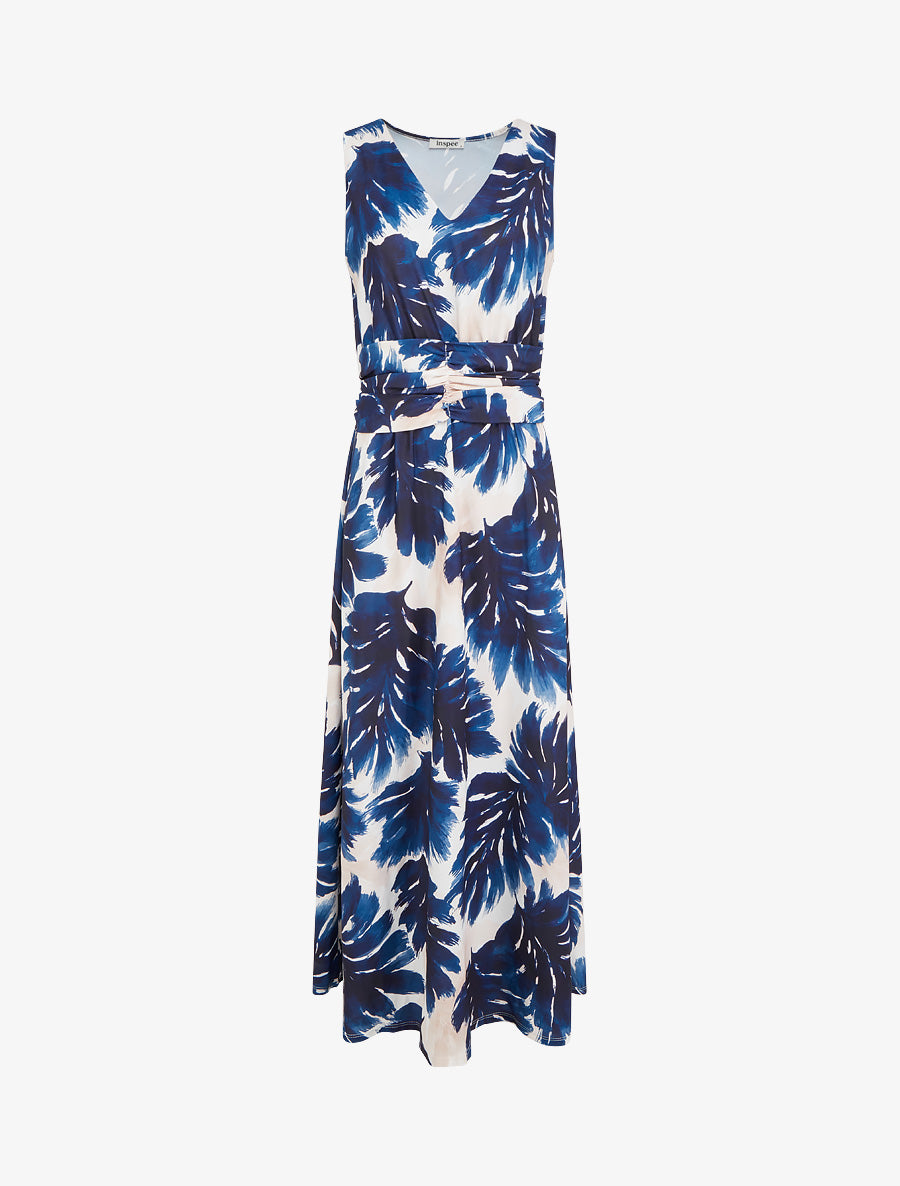 Robe imprimé feuillage à taille élastiquée - Marine - 1