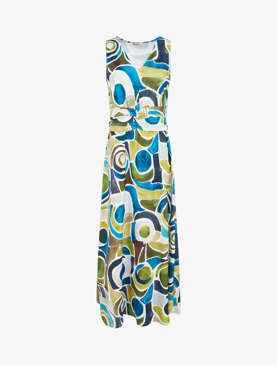 Robe imprimé abstrait à taille élastiquée - Bleu canard - 1