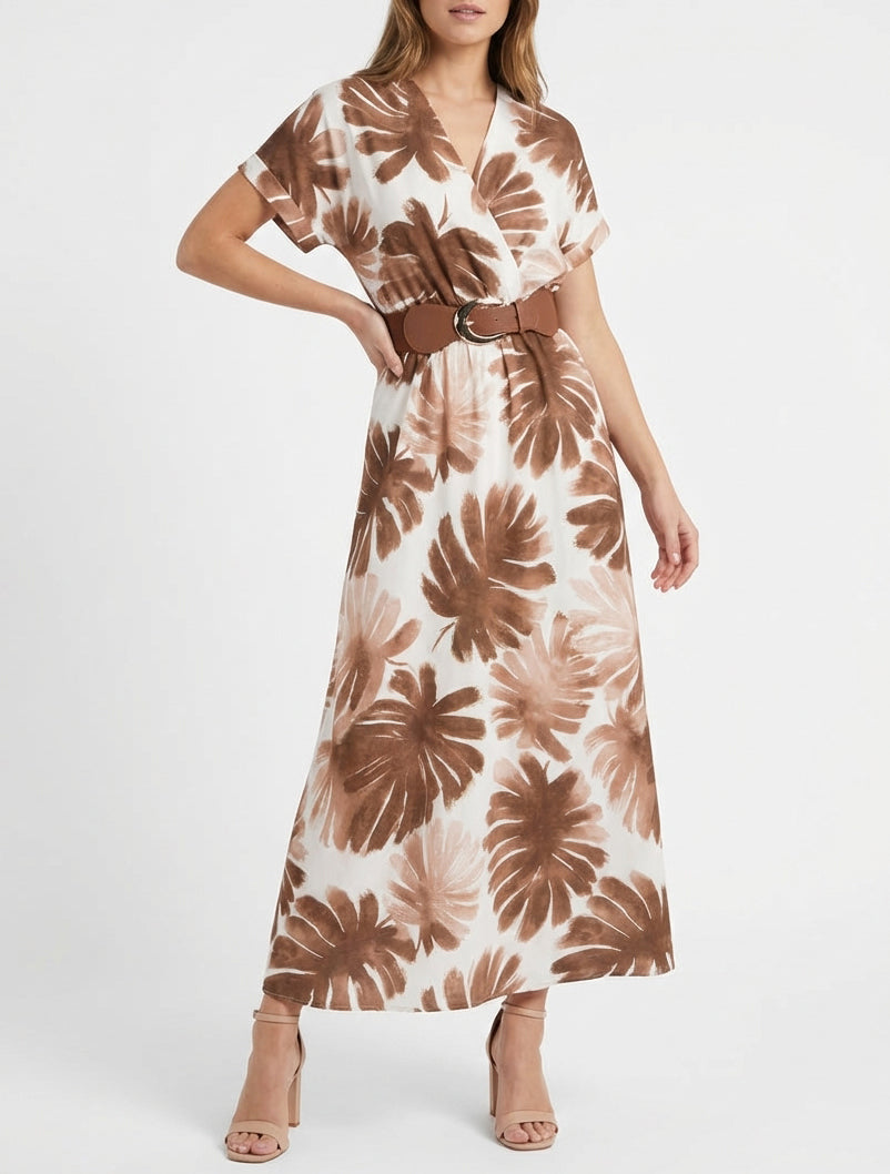 Vestido largo de manga corta con estampado de follaje. - Marrón