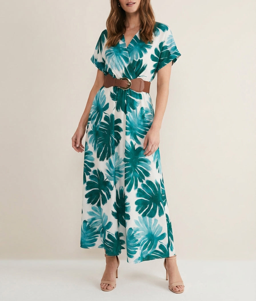 Vestido largo de manga corta con estampado de follaje. - Verde oscuro