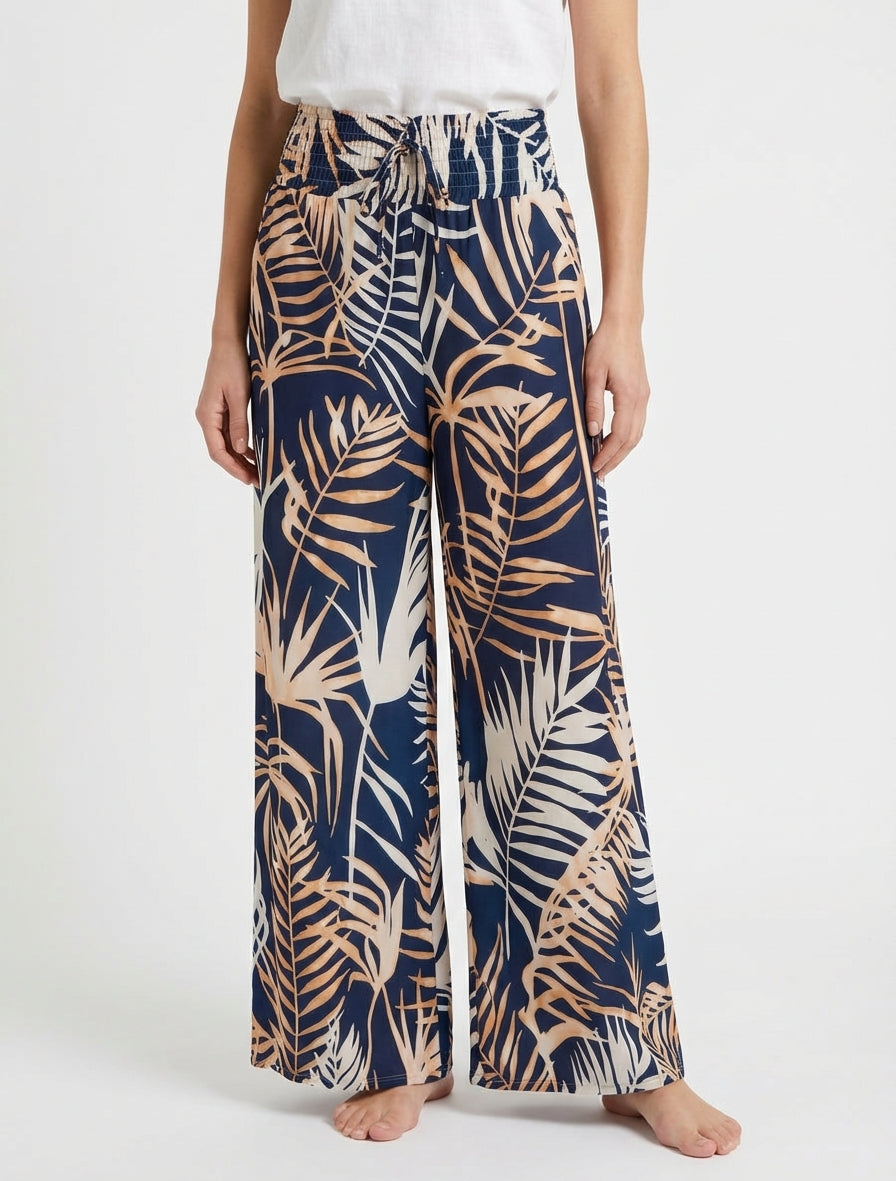 Pantalón estampado de hojas con cintura elástica. - Marine