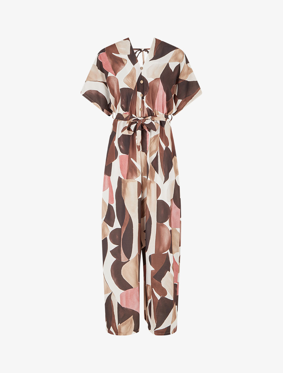Combinaison imprimé abstrait à taille élastiquée - Marron - 1