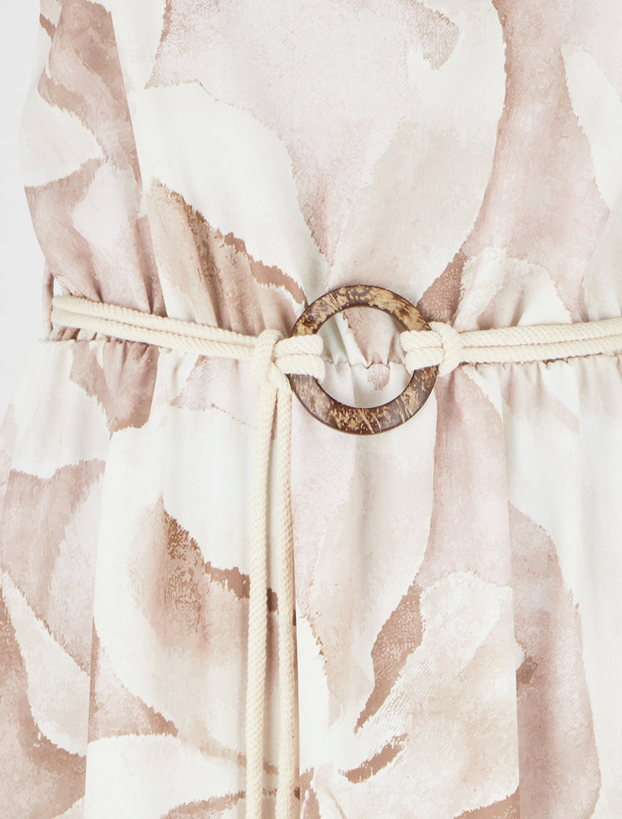 Robe longue imprimé floral à taille élastiquée - Beige - 3