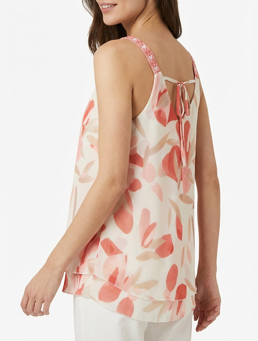 Caraco estampado de follaje con tirantes bordados - Coral