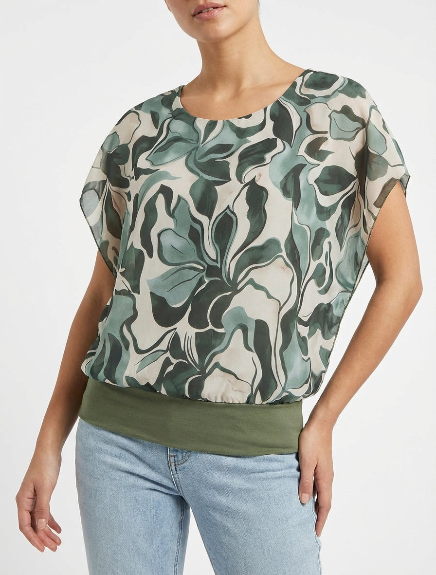 Top derecho de manga corta con estampado floral - Caqui