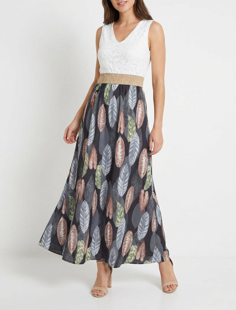Vestido largo de encaje y estampado de hojas - Negro
