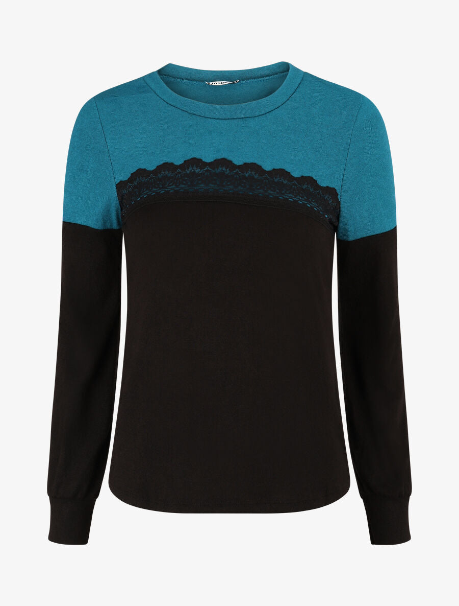 Pull fin et bande en dentelle - Bleu canard - 4