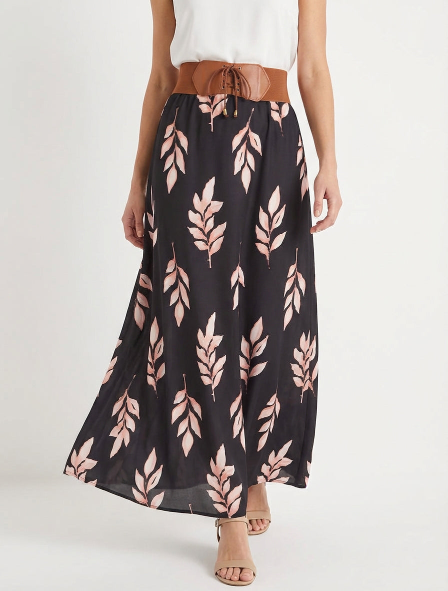 Falda larga estampado hojas - Negro