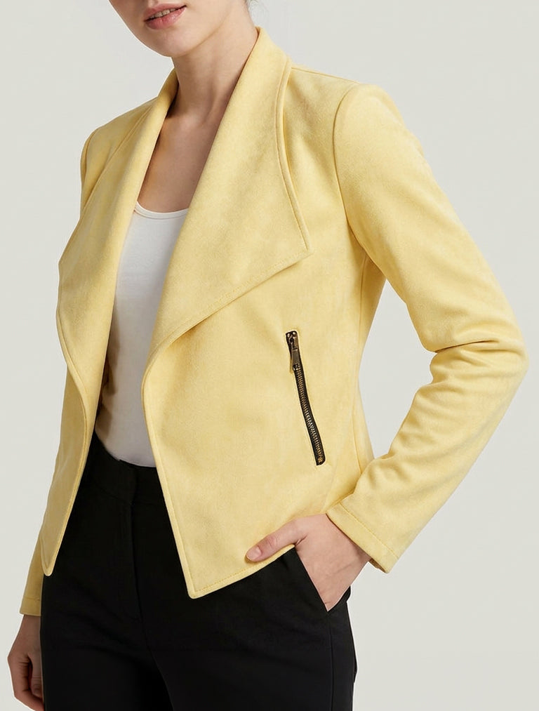 Chaqueta de ante con bolsillos decorativos con cremallera. - Amarillo