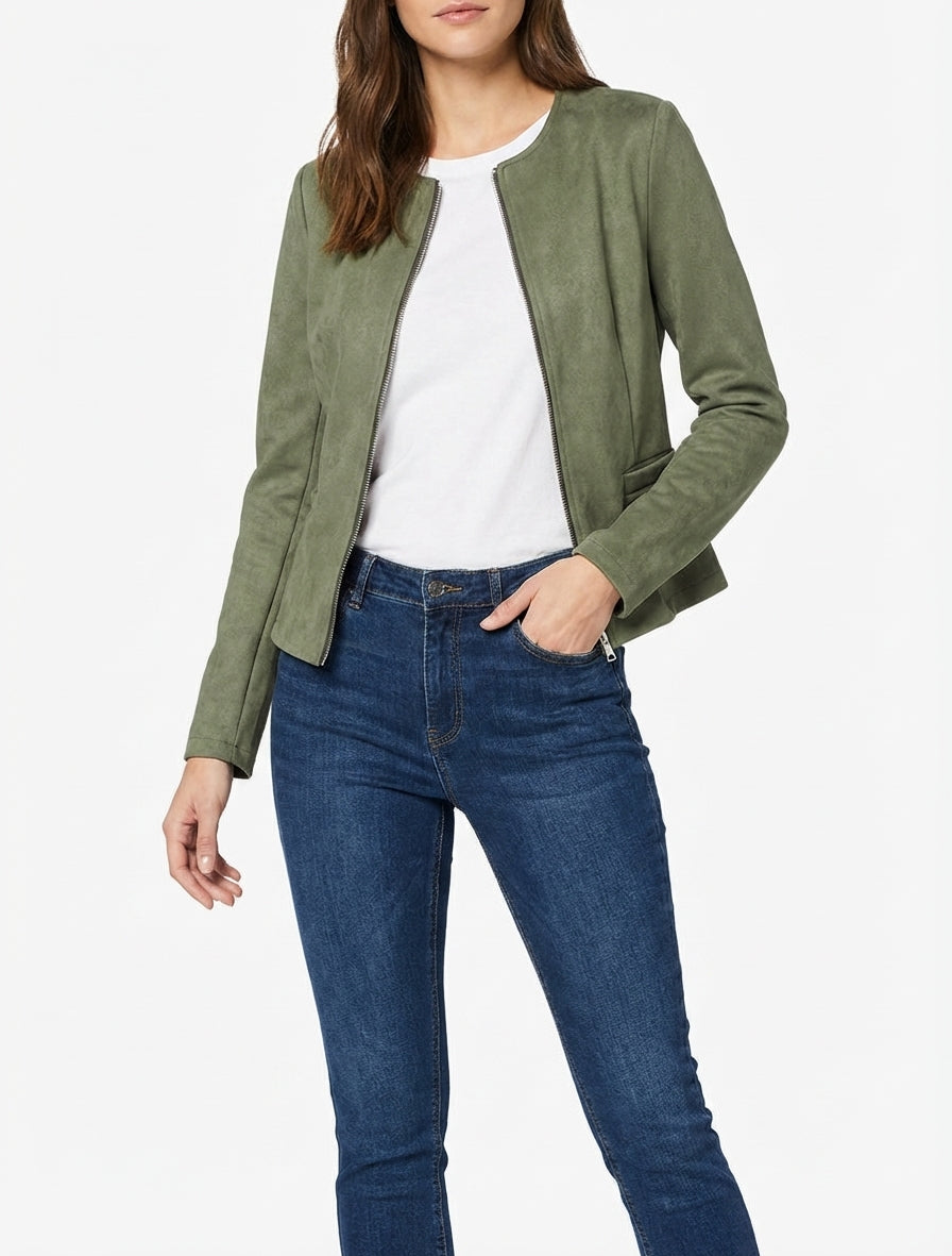 Chaqueta de ante con cremallera - Caqui