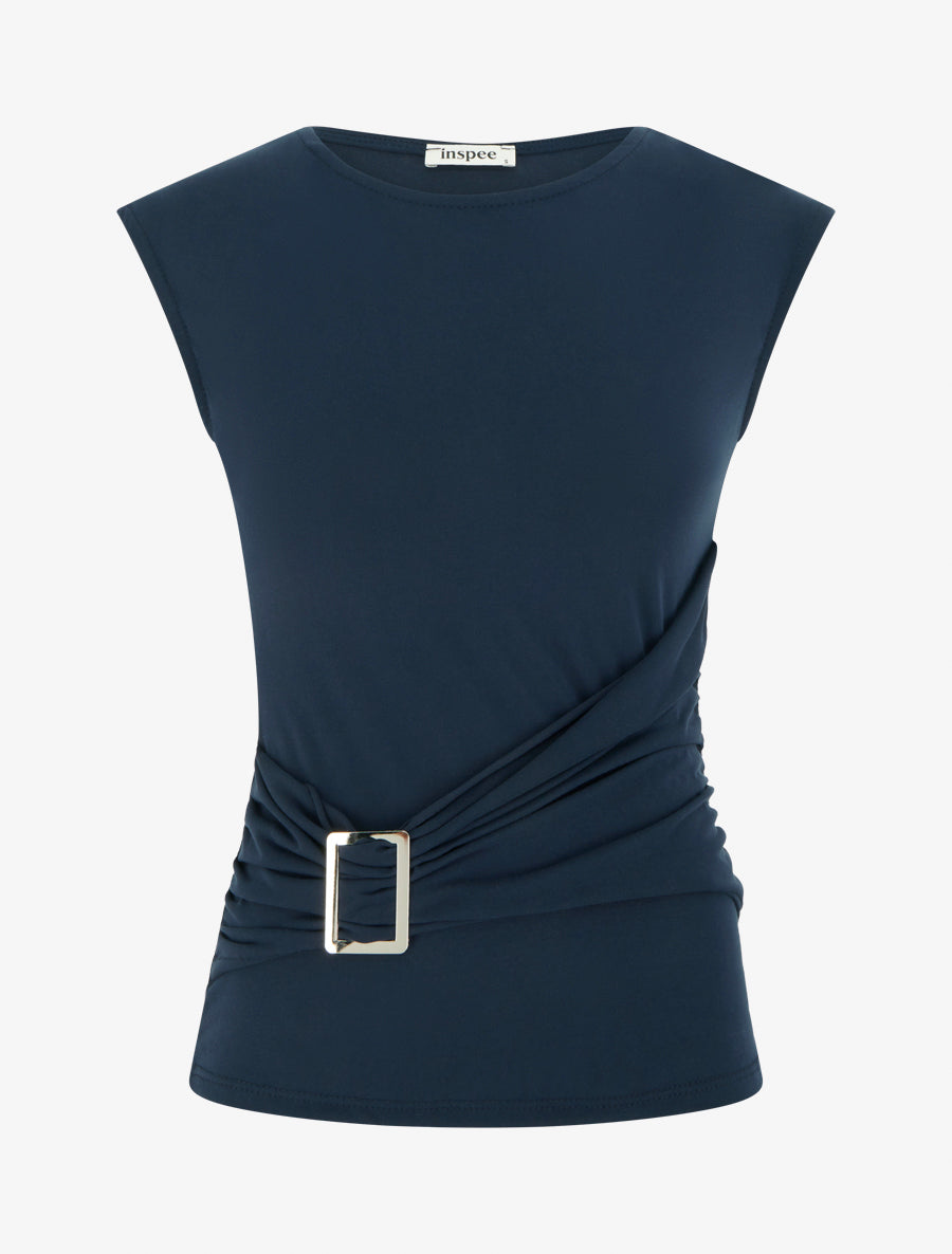 Top uni à col rond et empiècement bijou - Marine - 1