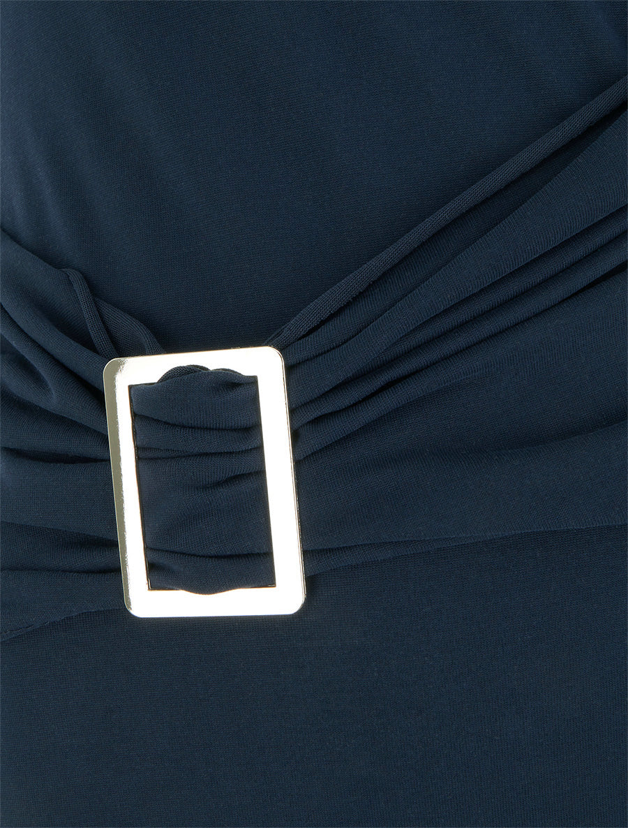 Top uni à col rond et empiècement bijou - Marine - 3