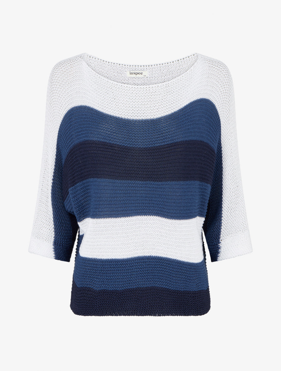 Pull ample à rayures et manches 3/4 - Marine - 1