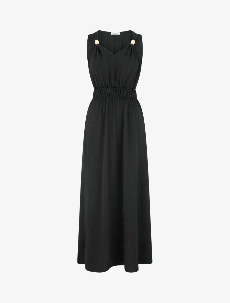 Robe unie à empiècement perles en bois - Noir - 1