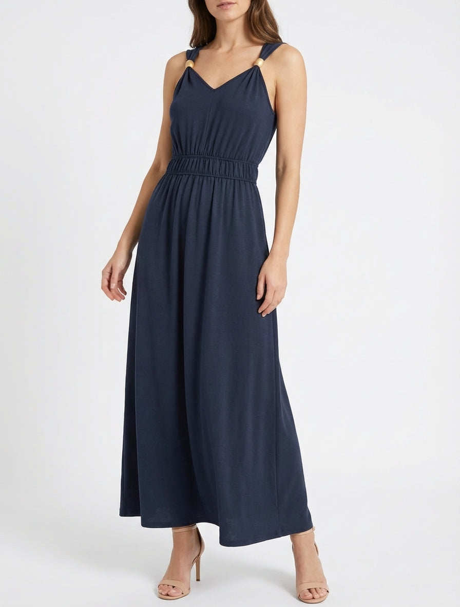 Vestido liso con apliques de perlas de madera - Marine