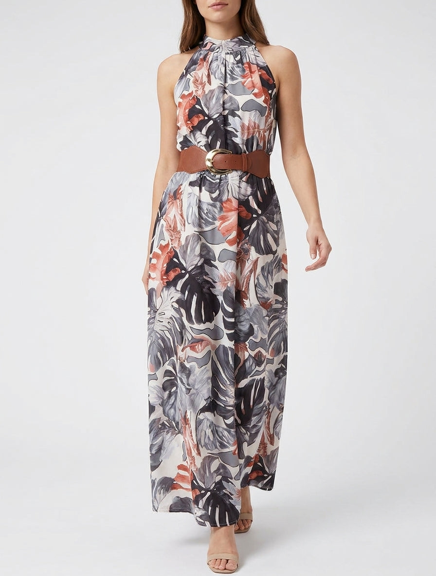 Vestido largo sin mangas estampado tropical - Negro