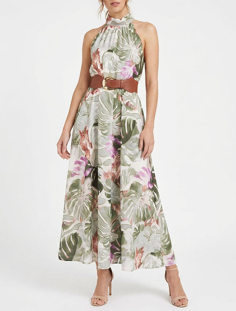 Vestido largo sin mangas estampado tropical - Caqui