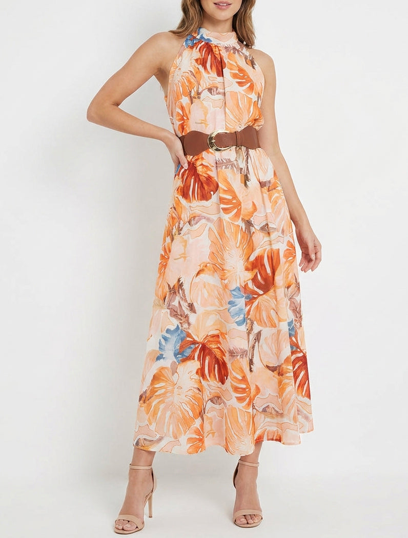 Vestido largo sin mangas estampado tropical - Naranja