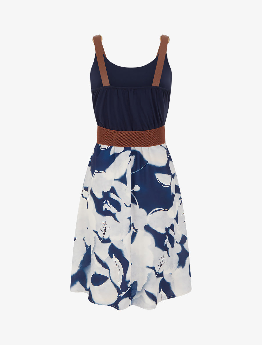 Robe mi-longue à bretelles en simili - Marine - 2