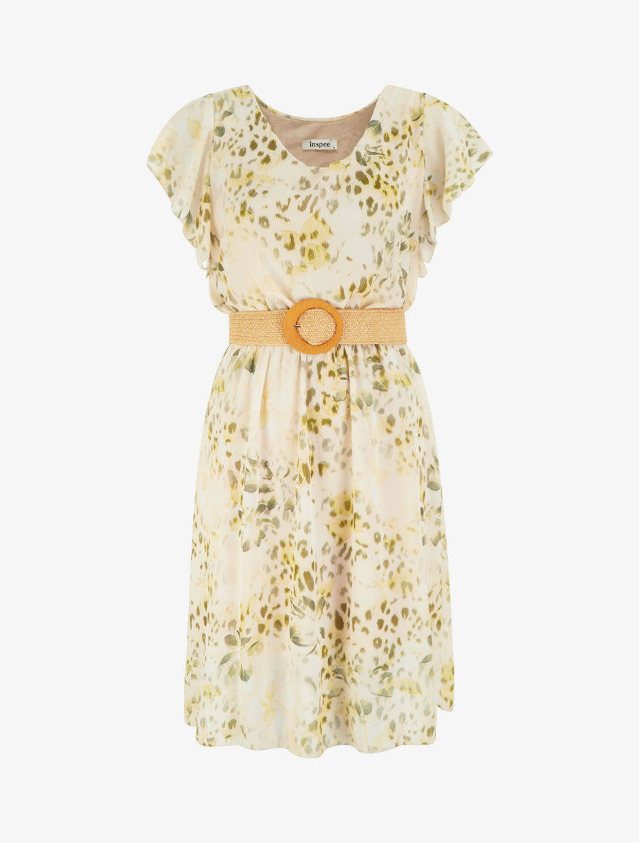 Robe à mancherons volantés imprimé léopard et fleurs - Kaki - 1