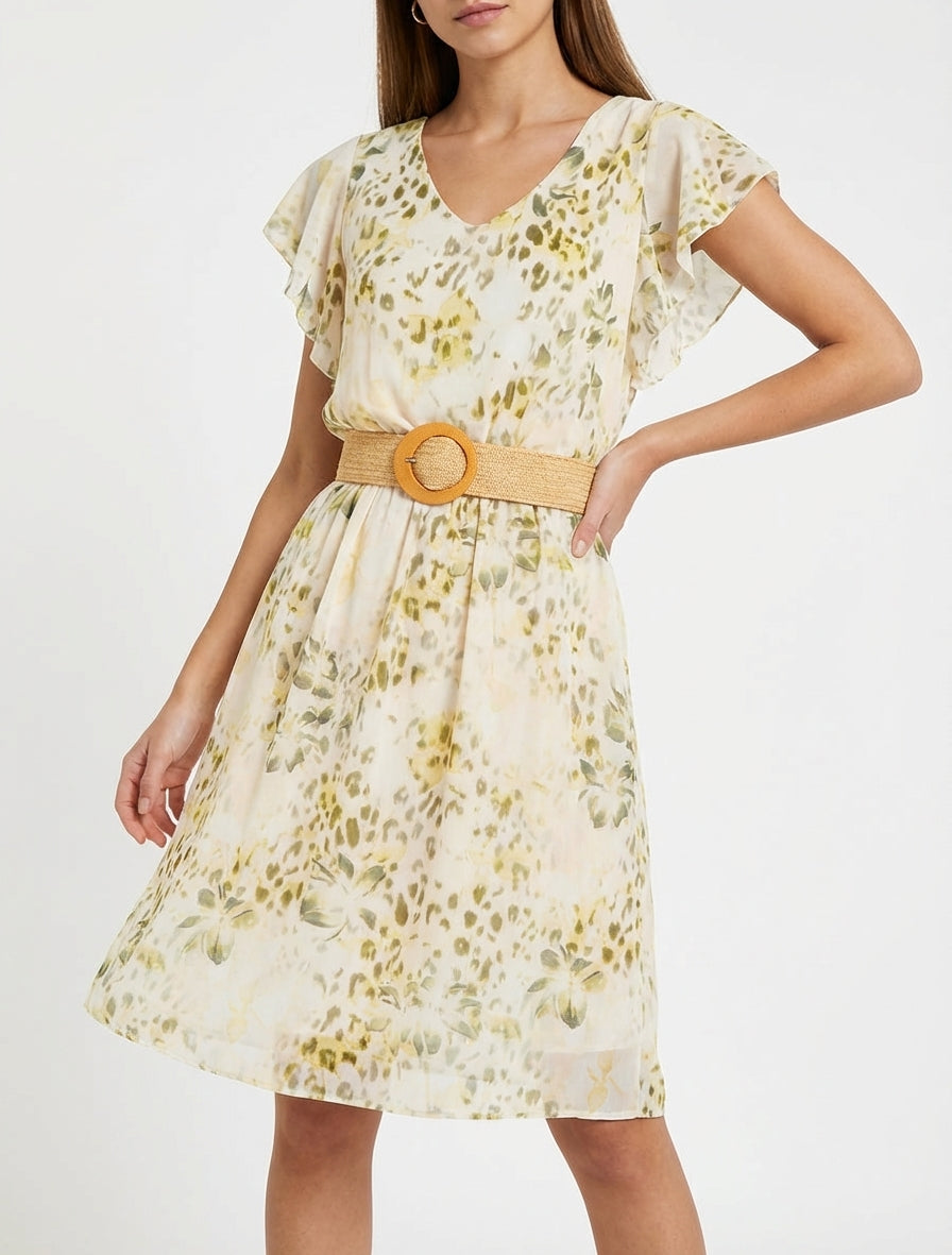 Vestido con mangas con volantes estampado de leopardo y flores. - Caqui