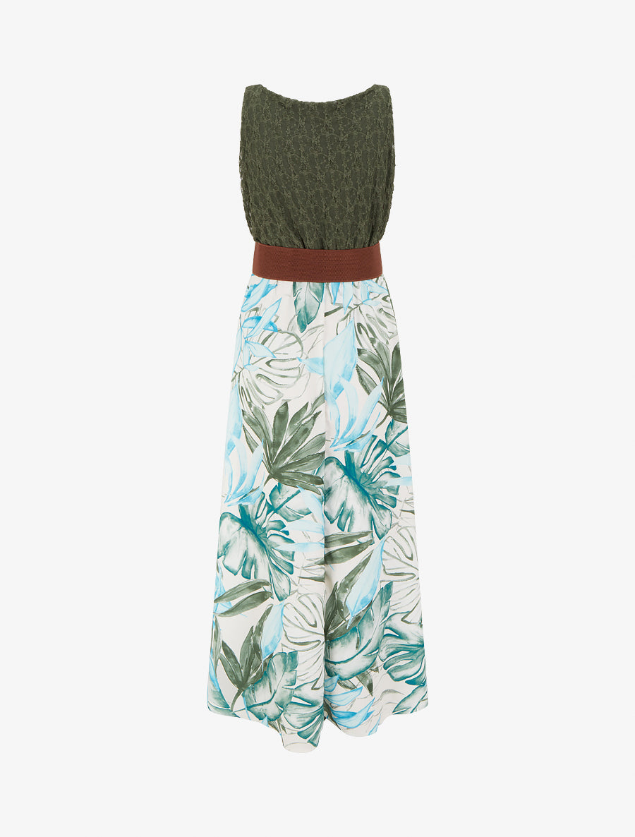 Robe longue à imprimé tropical et bretelles simili - Kaki - 2