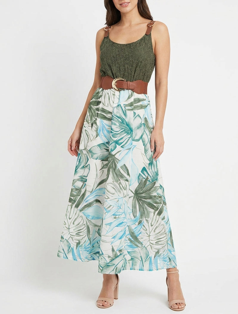 Vestido largo con estampado tropical y tirantes de imitación - Caqui
