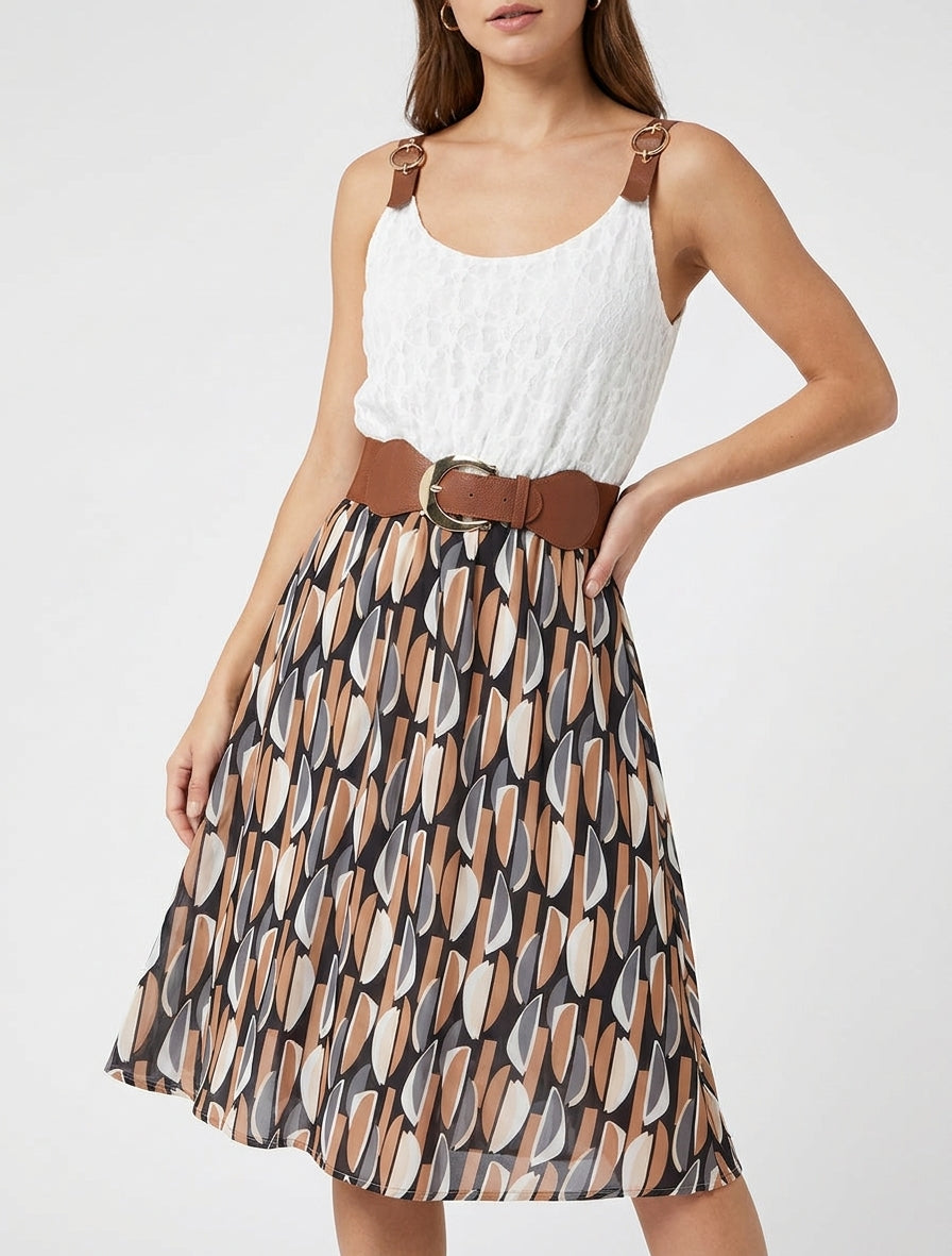 Vestido midi estampado gráfico y tirantes de imitación. - Negro