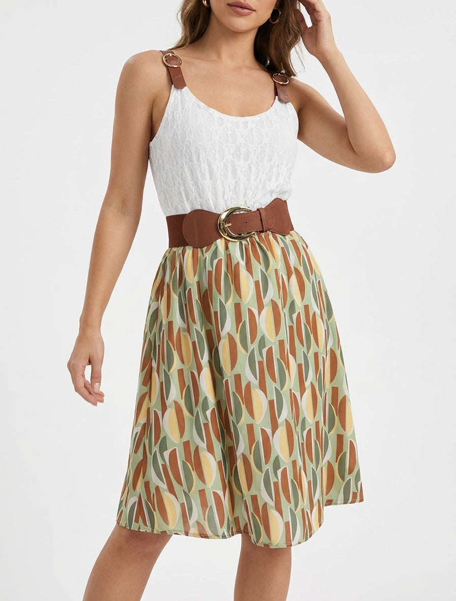 Vestido midi estampado gráfico y tirantes de imitación. - Caqui