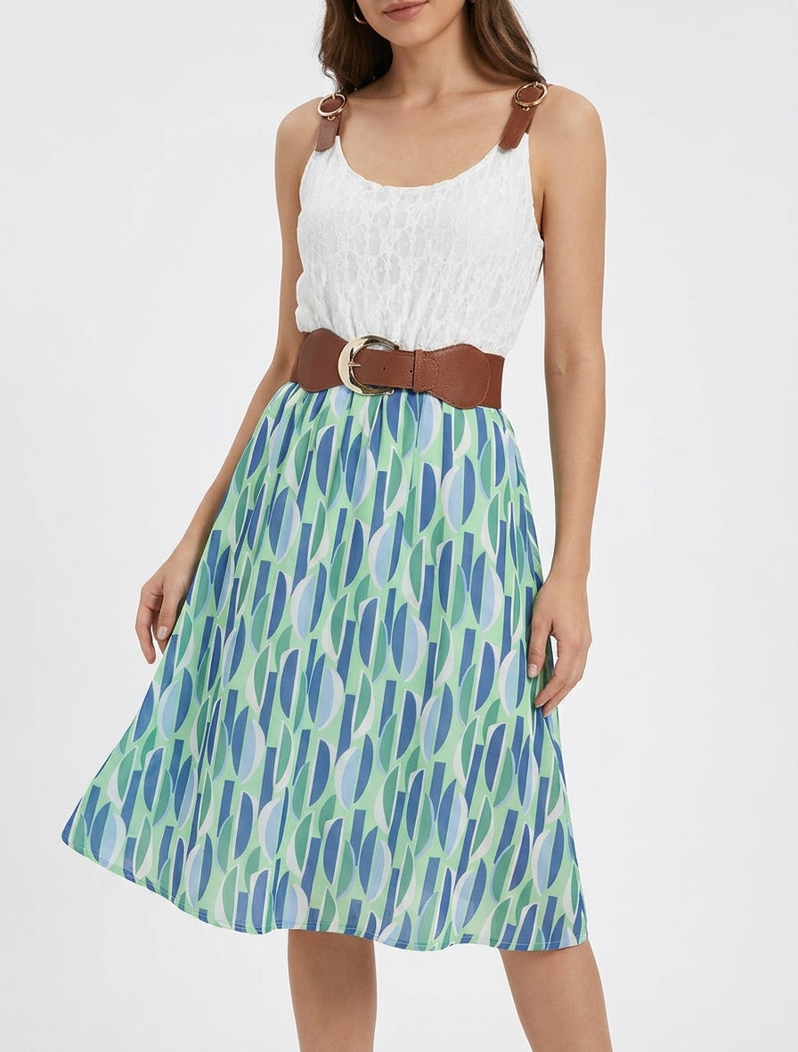 Vestido midi estampado gráfico y tirantes de imitación. - Verde agua