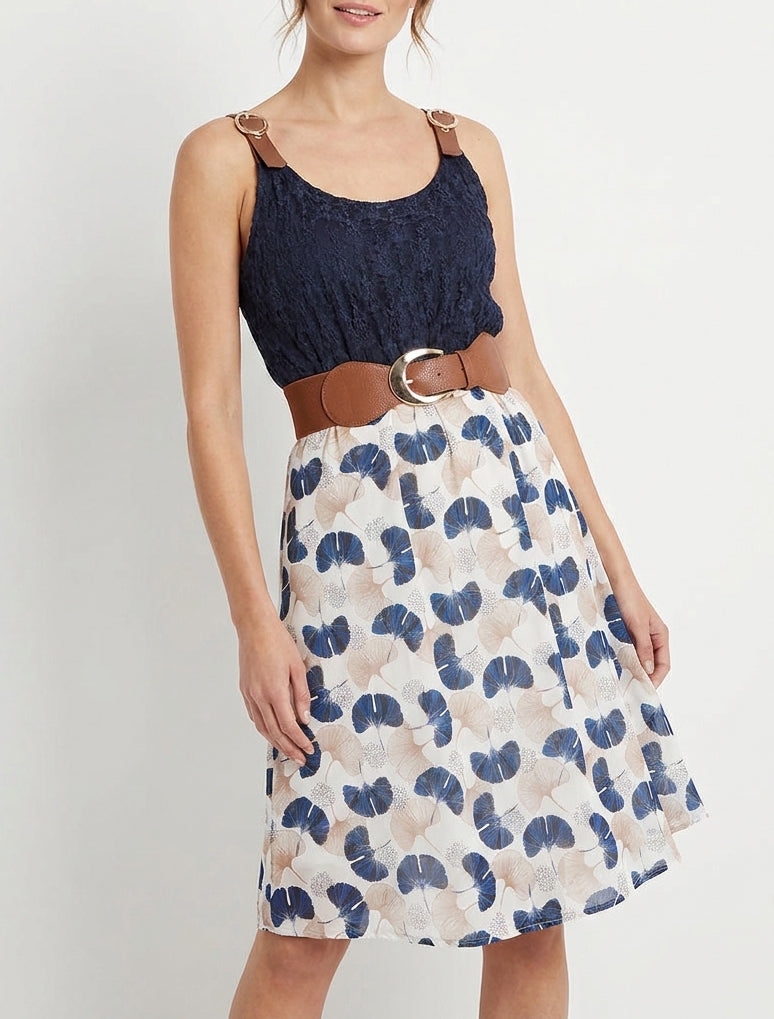 Vestido midi estampado de ginkgo y tirantes de imitación. - Marine
