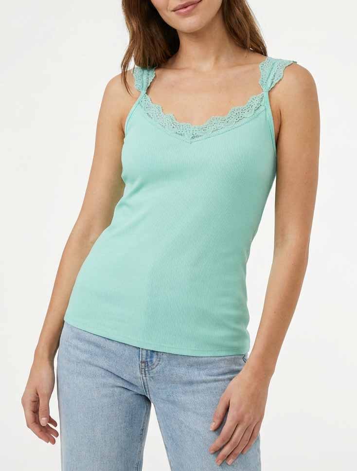Camiseta de tirantes acanalada con encaje - Verde agua