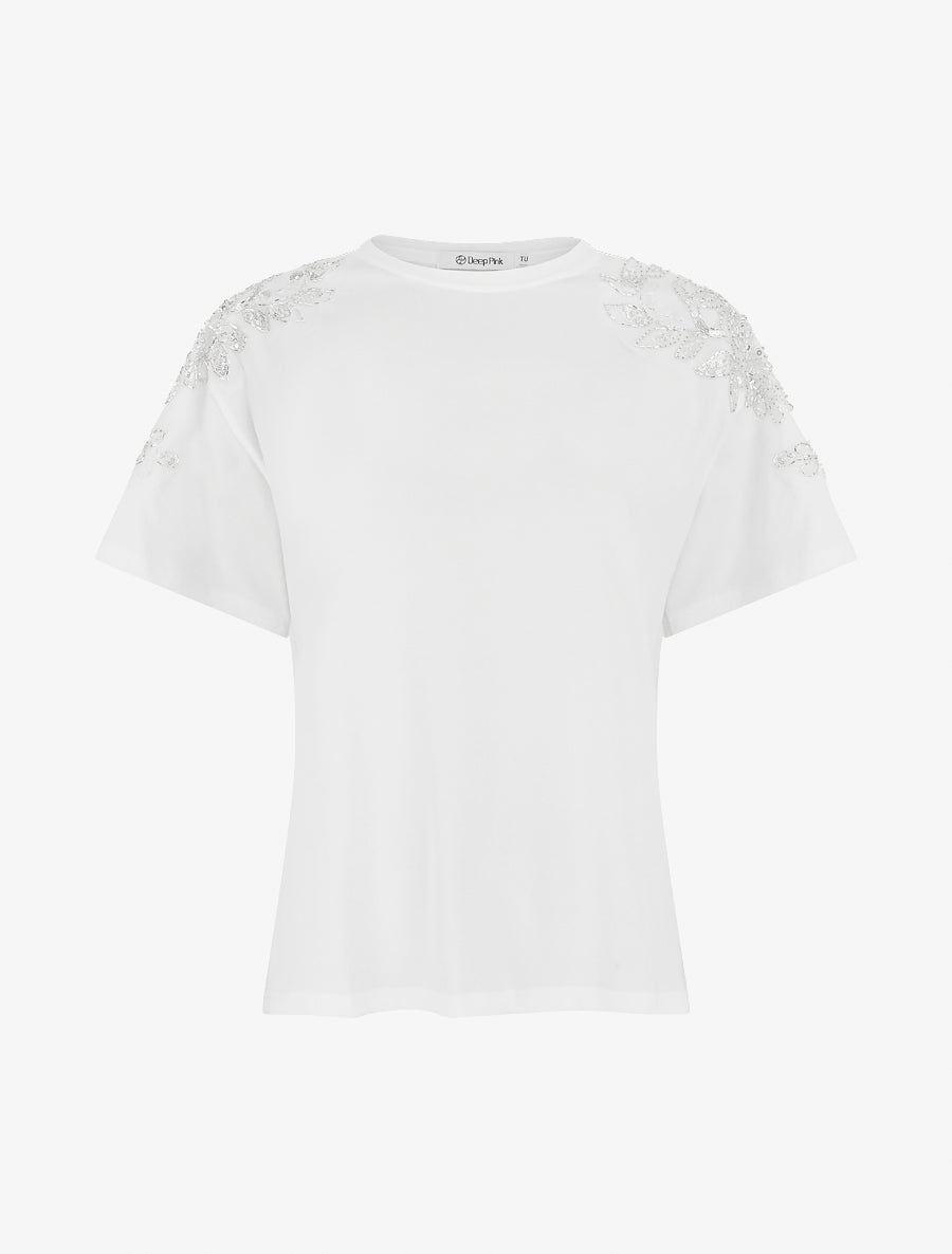 T-shirt manches courtes à épaules strassées - Blanc - 1